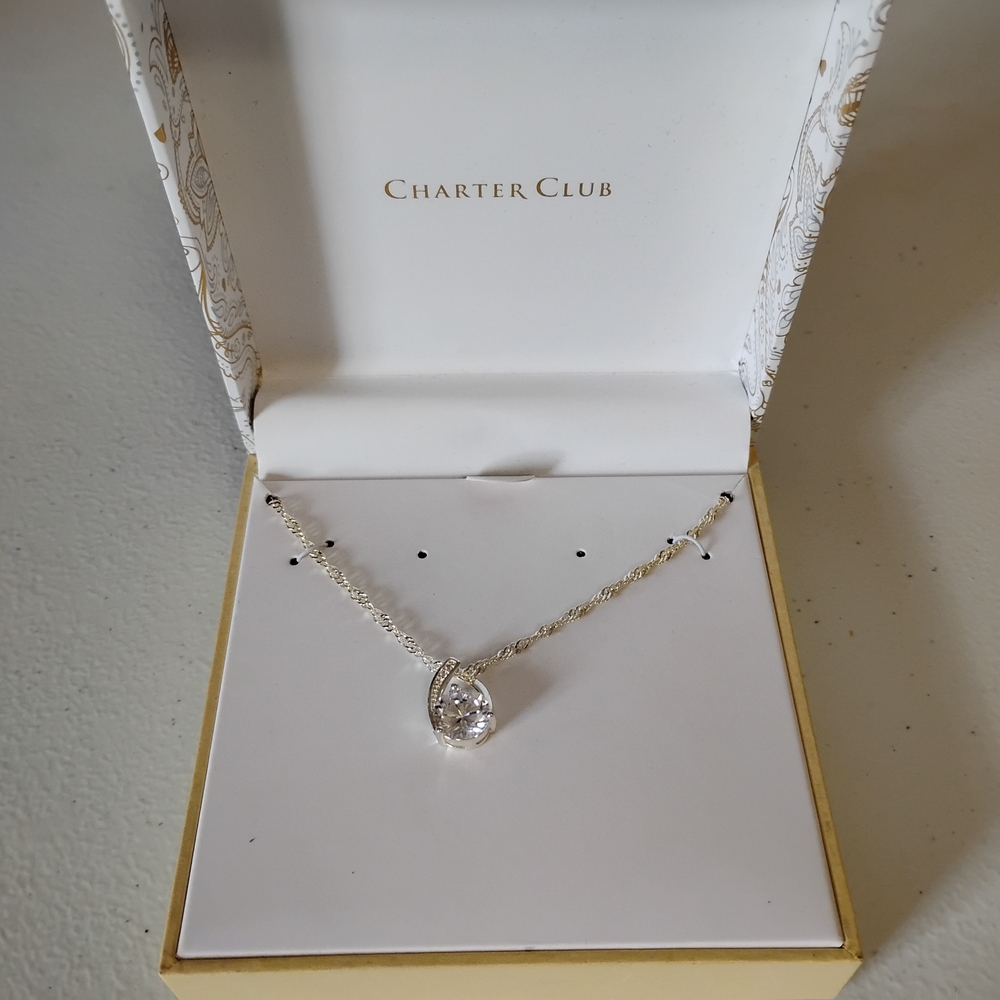 Charter Club Silver Necklace with Teardrop Crystal